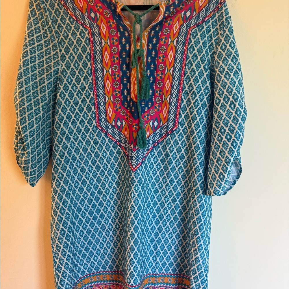 Urban CoCo Womens Top Boho Ethnic Teal Pink Size Medium Long Tunic Silky beach